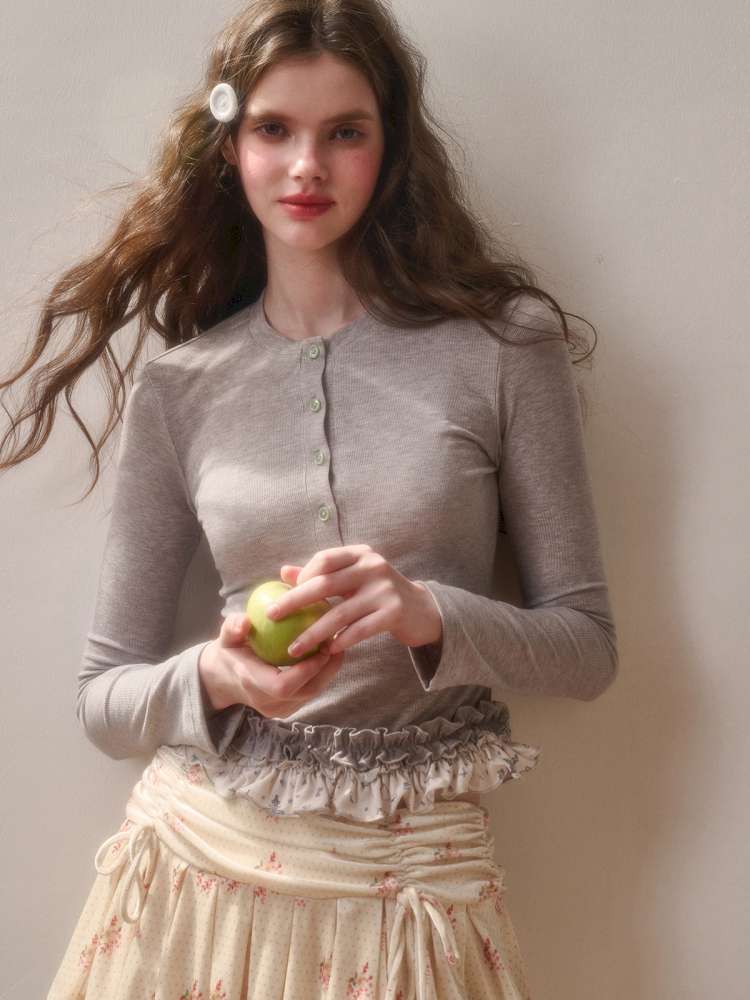 Comfortable Cotton Crew Neck Slim Lace Hem Top【s0000014895】