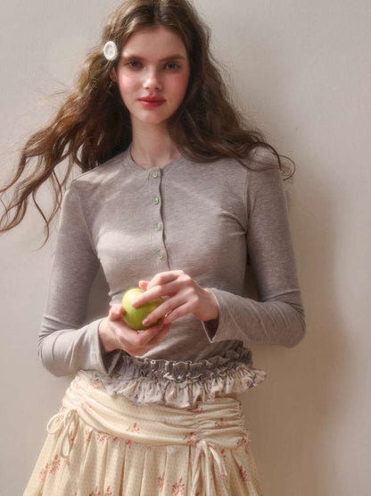 Comfortable Cotton Crew Neck Slim Lace Hem Top【s0000014895】