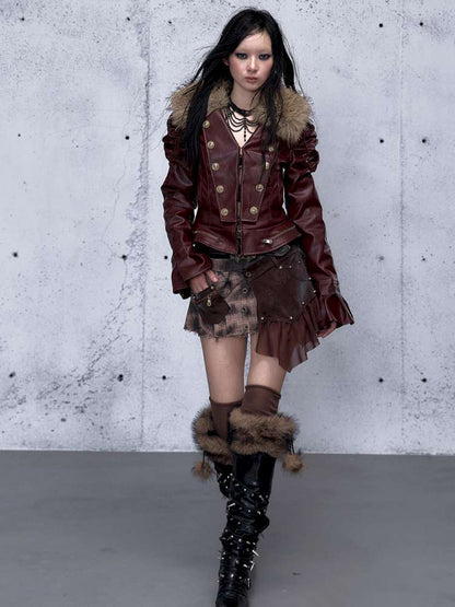 Court Punk Fur Waist Leather Coat【s0000014927】