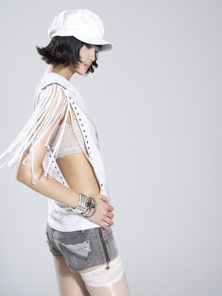 Asymmetrical Collar Fringe Print Set【s0000018475】