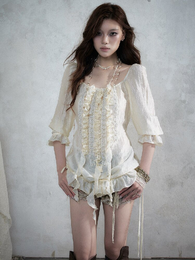 Court Acetate Puff Sleeve Top【s0000017991】