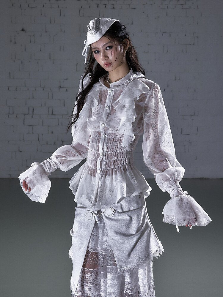 Ruffled Flocked Lace Stand Shirt【s0000016208】