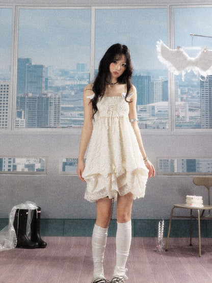 Shirred Lace White Texture Dress【s0000016278】