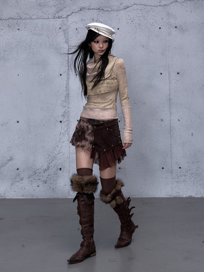 Plaid Stitching Leather Skirt【s0000015546】