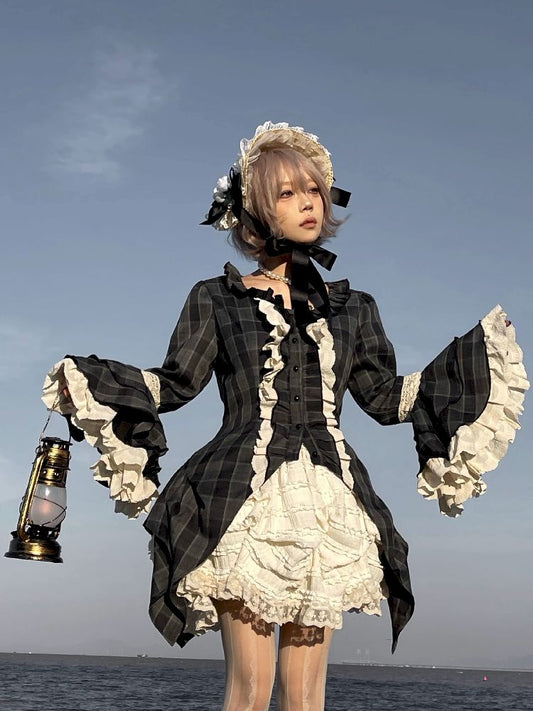 레이스 ji 슬리브 도베 테일 불규칙한 셔츠 [S0000011340]