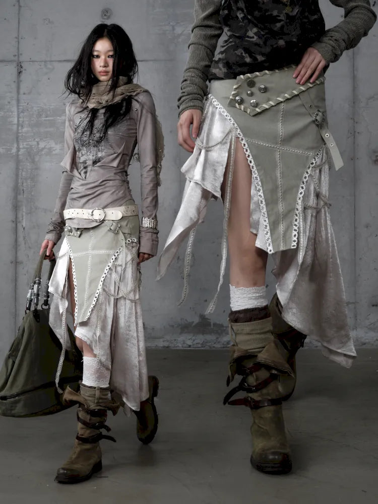 Asymmetric Leather-Satin Skirt【s0000013944】