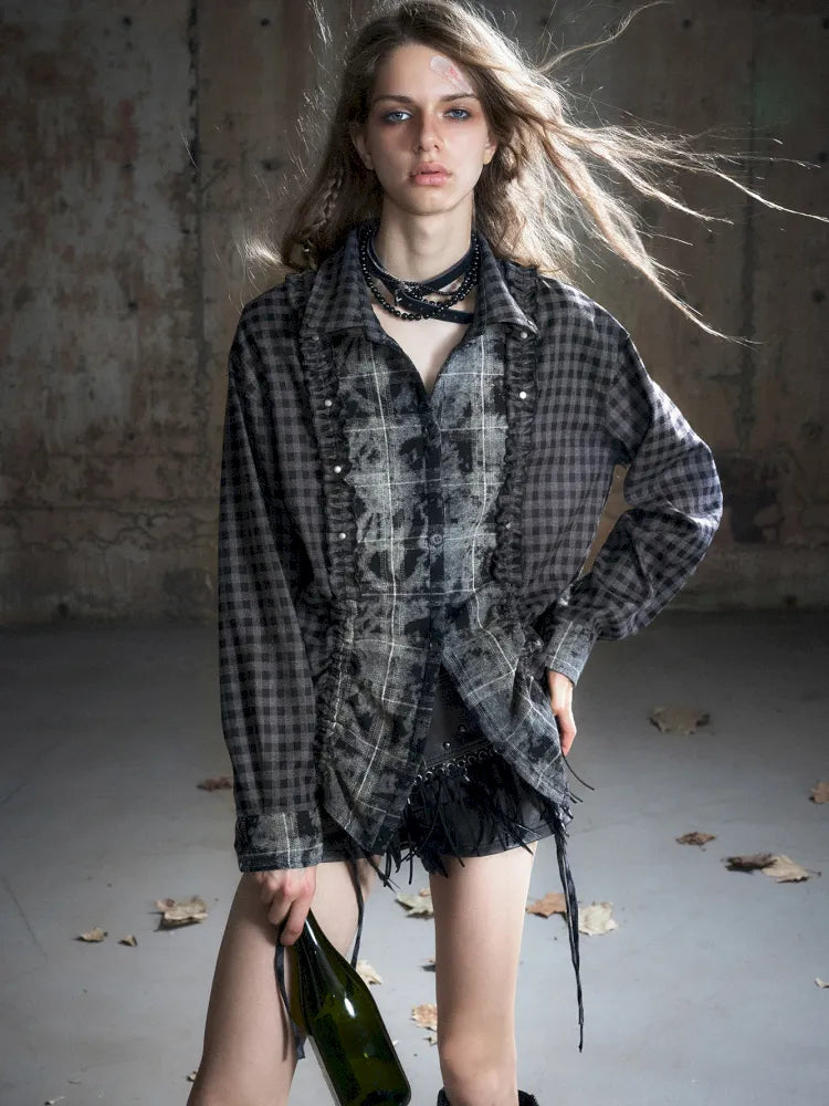 Drawstring Black-Gray Checkered Shir【s0000013959】