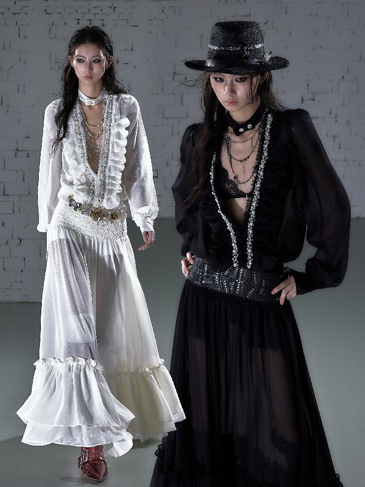 Shirring Deep V Chiffon Dress【s0000015932】
