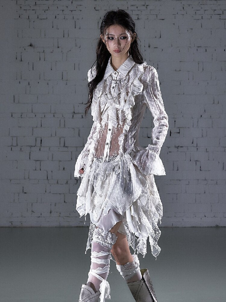 Openwork Lace Irregular Shirt Dress【s0000015941】