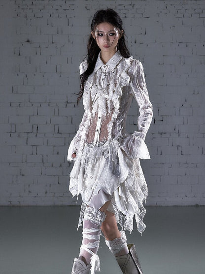 Openwork Lace Irregular Shirt Dress【s0000015941】