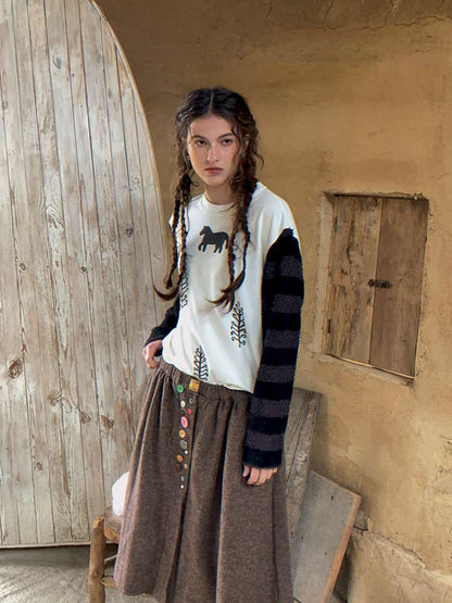 Striped Patchwork Pony Print T-Shirt【s0000014899】