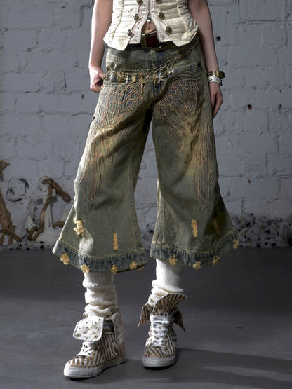 Wide-leg denim cropped pants【s0000012800】