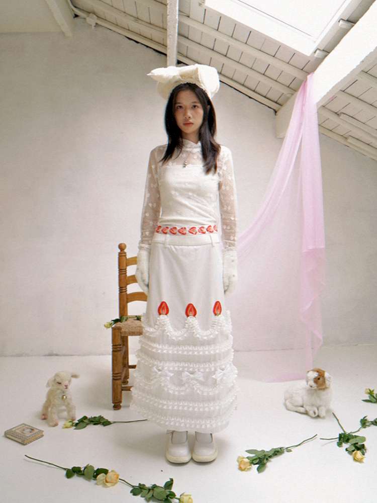 Cream Strawberry Cake Print Pencil Skirt【s0000014531】