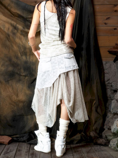 Patchwork Versatile Mesh Asymmetric Skirt【s0000013898】