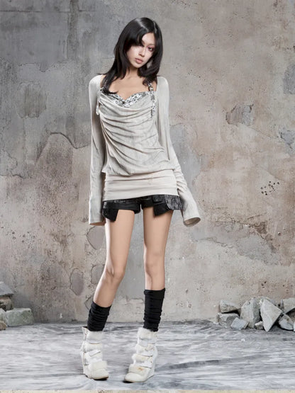 Off-Shoulder Ruffled Mid-Length Slimming Punk Top【s0000014124】