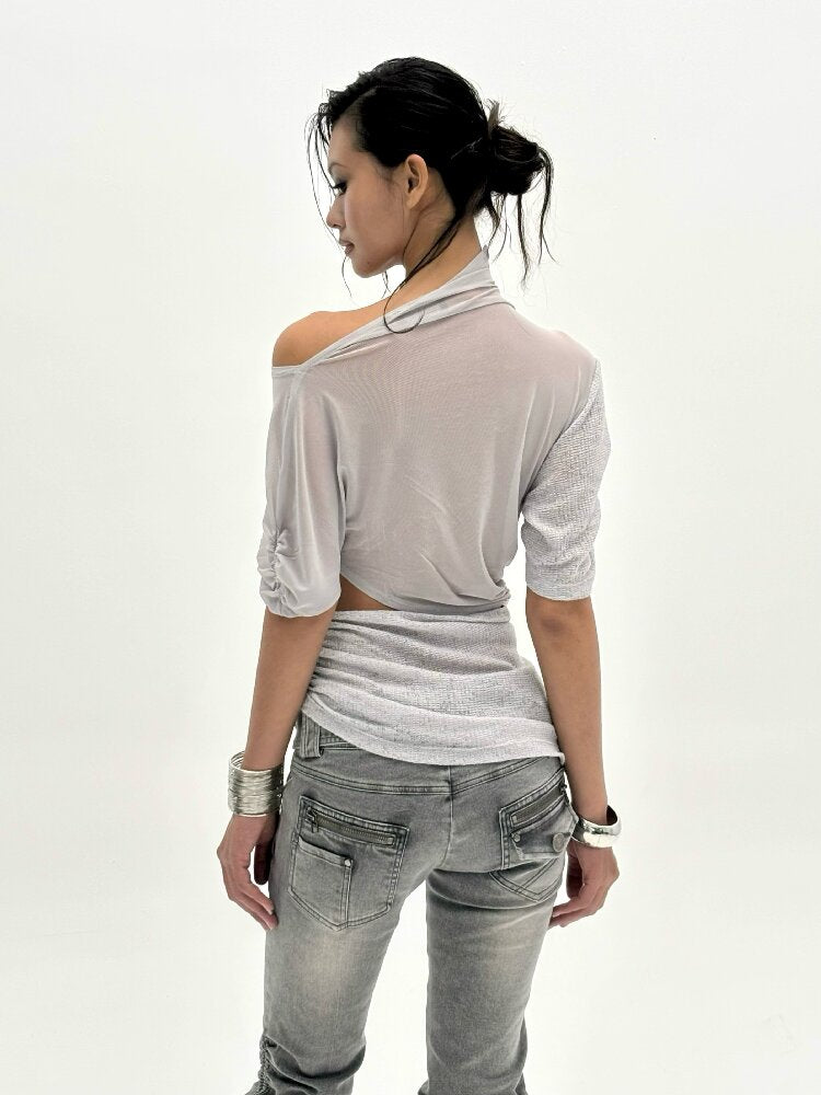 3-Tone Knitted Mesh Pleated T-Shirt【s0000016063】