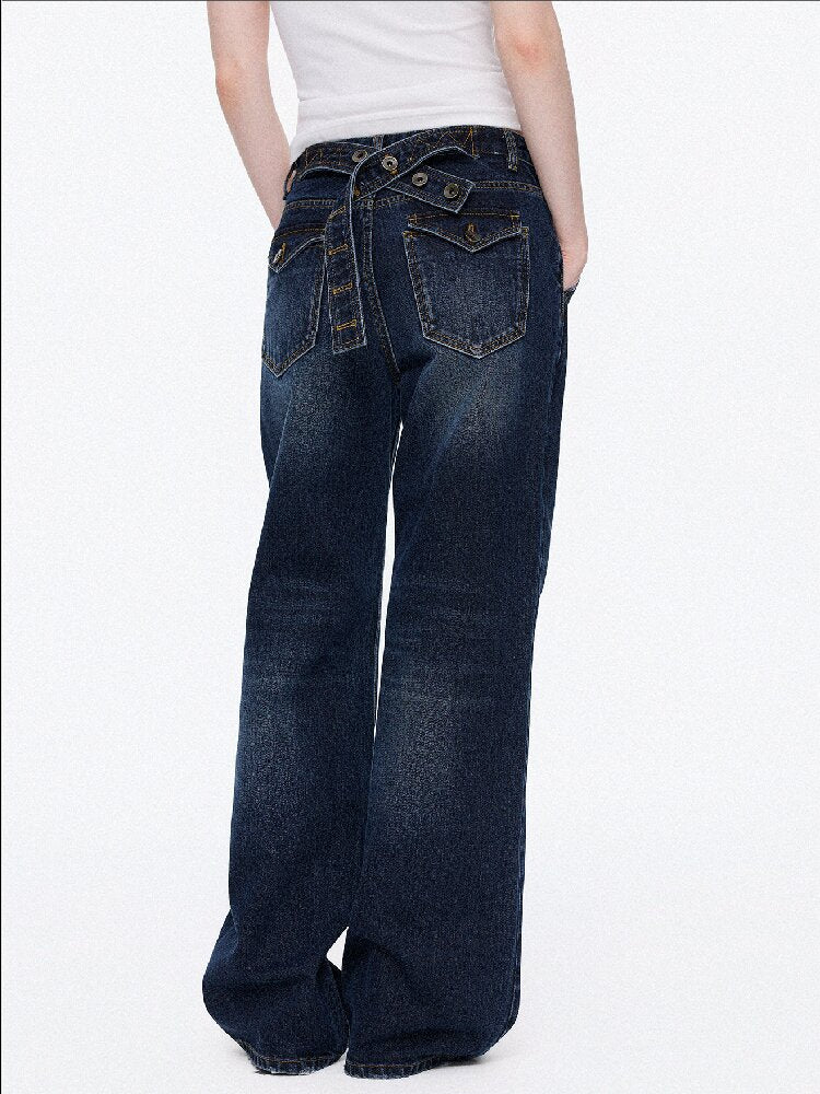 Cotton Lace Up Asymmetrical Jeans【s0000015925】