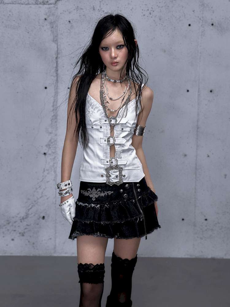 Dark Court Openwork Lace Leather Camisole【s0000014920】