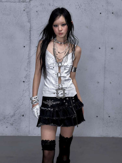 Dark Court Openwork Lace Leather Camisole【s0000014920】