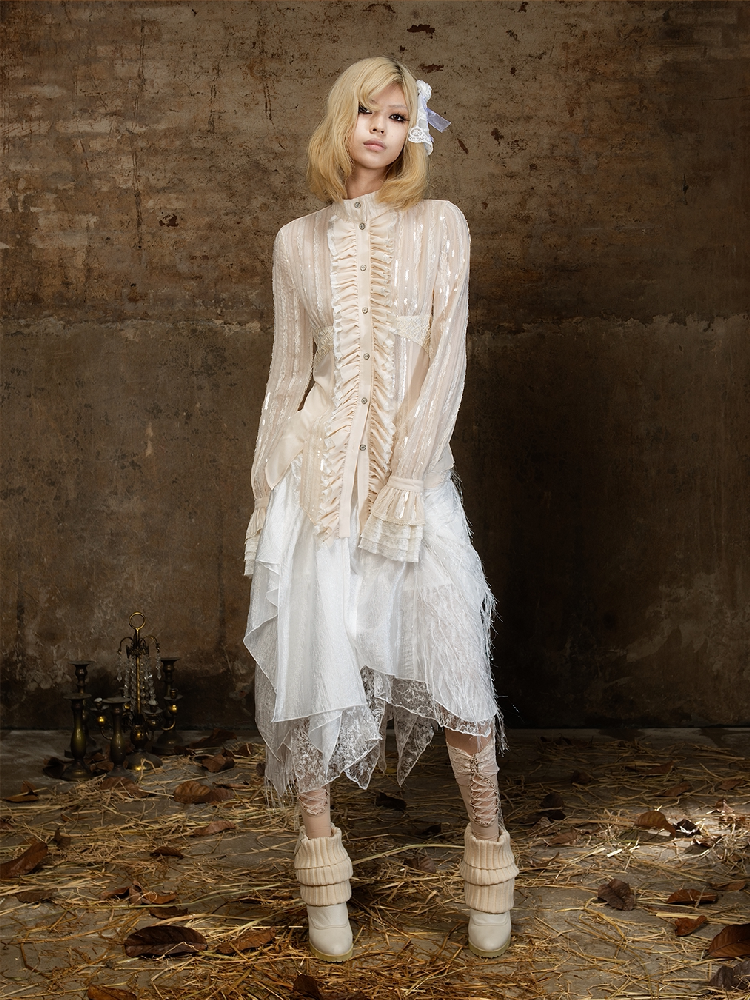 Lace Sequin Patchwork Court Shirt【s0000018382】