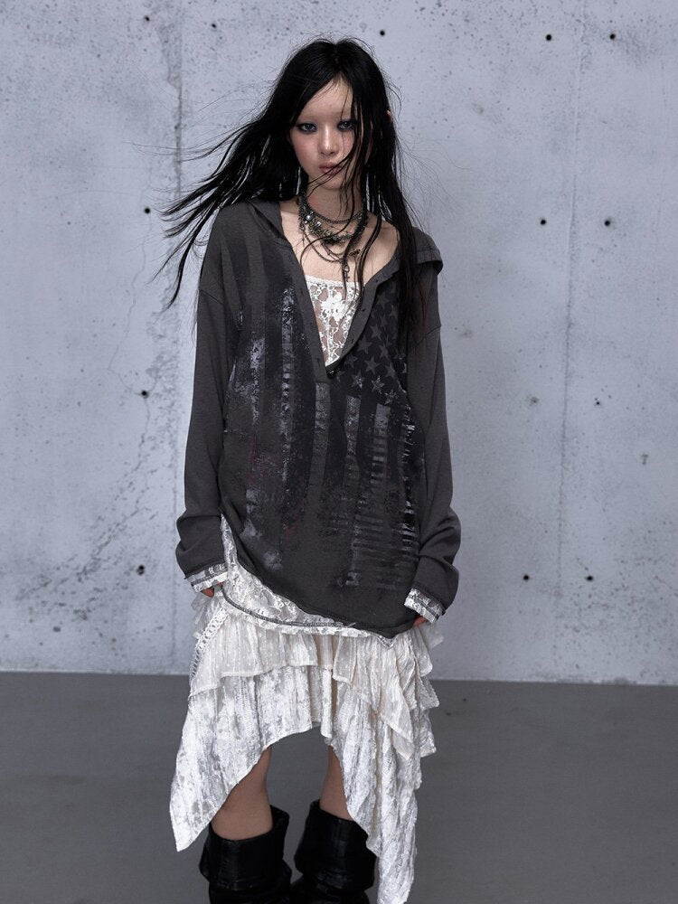 Lace Stitched Hooded T-Shirt【s0000015545】