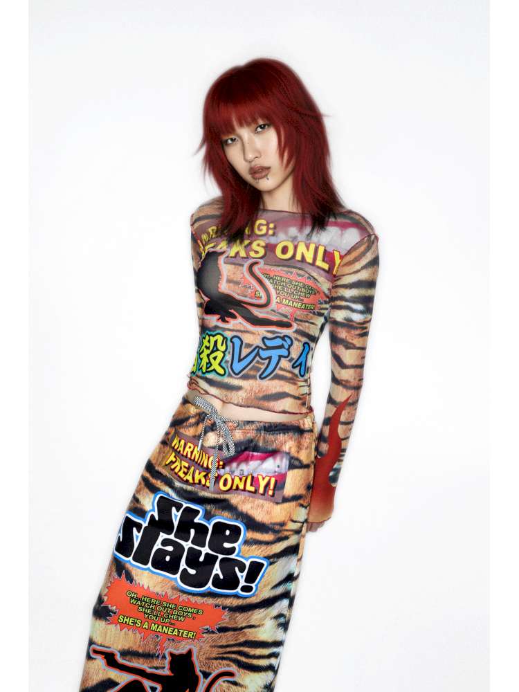 Y2K Millennium Print Long Sleeve Mesh Top【s0000014915】