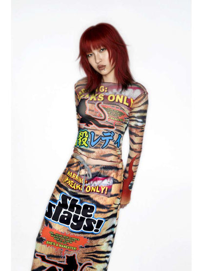 Y2K Millennium Print Long Sleeve Mesh Top【s0000014915】