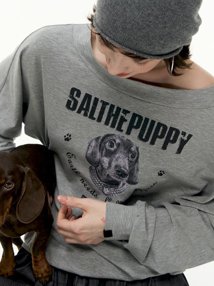Puppy Printed Slant Shoulder Long Sleeve T-Shirt【s0000013744】