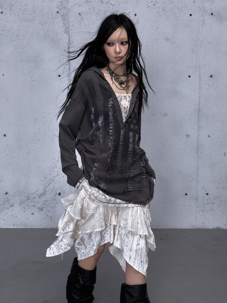 Lace Stitched Hooded T-Shirt【s0000015545】