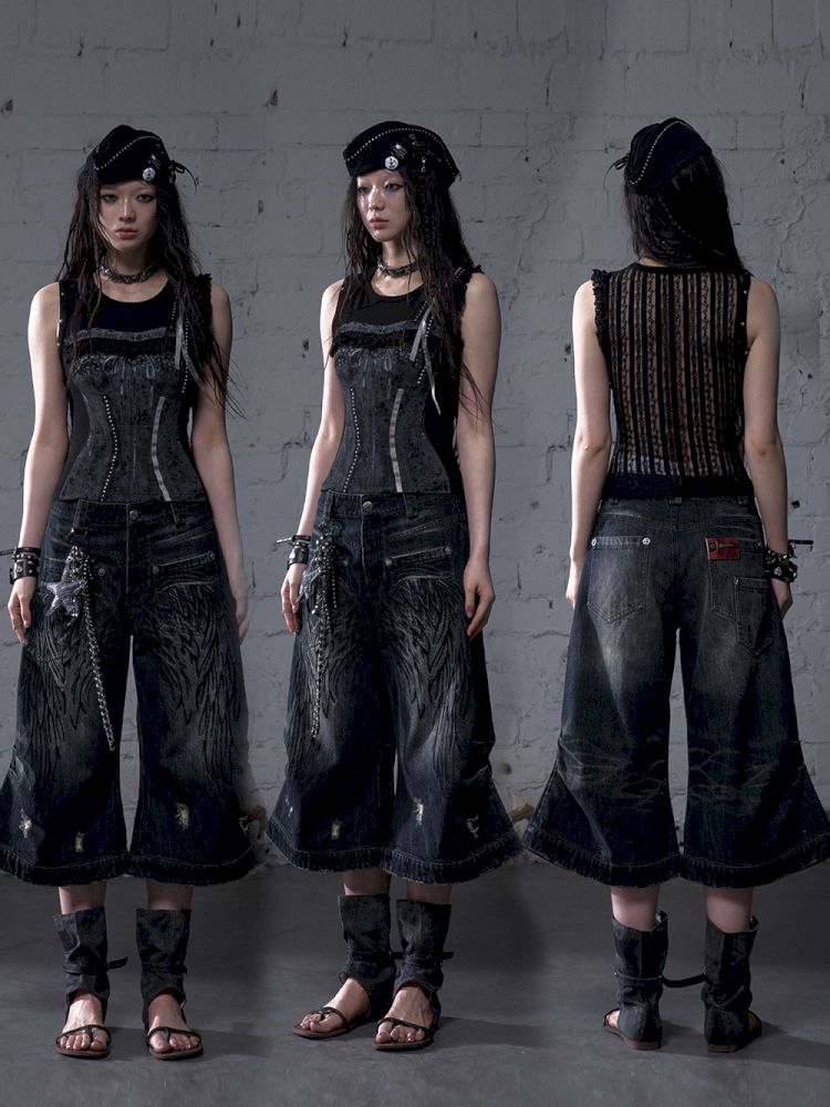 Wide-leg denim cropped pants【s0000012800】