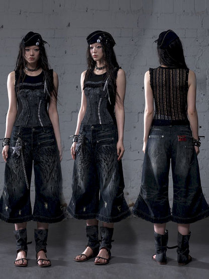 Wide-leg denim cropped pants【s0000012800】