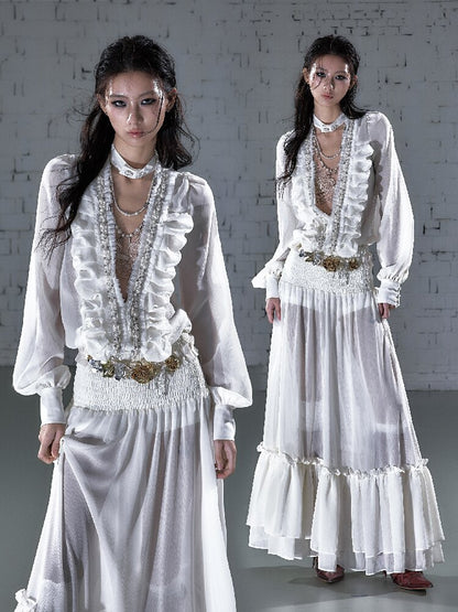 Shirring Deep V Chiffon Dress【s0000015932】