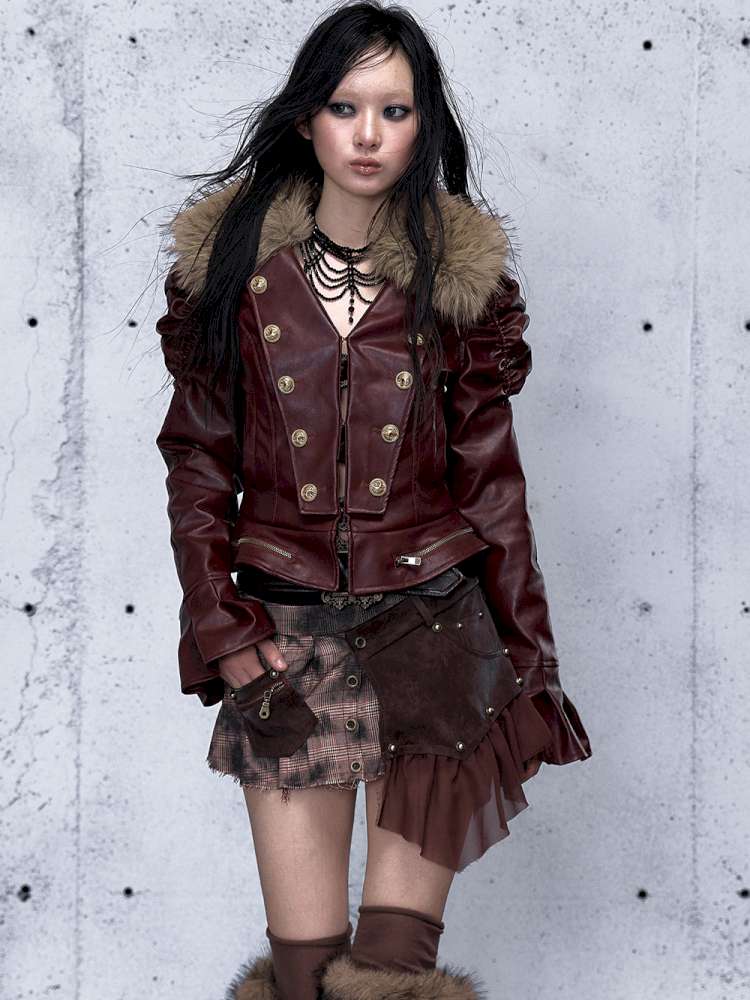 Court Punk Fur Waist Leather Coat【s0000014927】