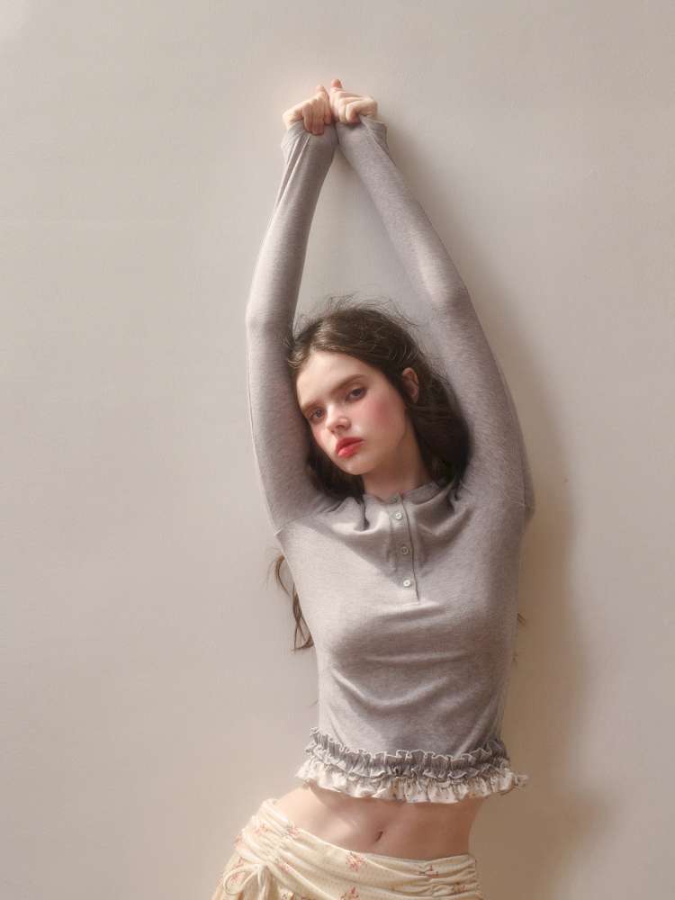 Comfortable Cotton Crew Neck Slim Lace Hem Top【s0000014895】