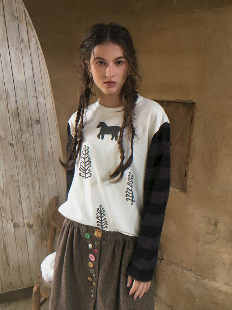 Striped Patchwork Pony Print T-Shirt【s0000014899】