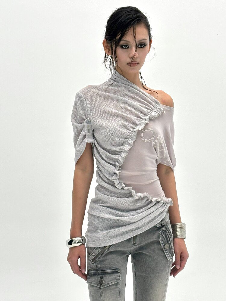 3-Tone Knitted Mesh Pleated T-Shirt【s0000016063】