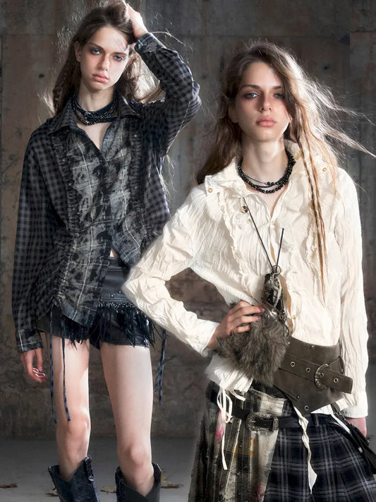 Drawstring Black-Gray Checkered Shir【s0000013959】