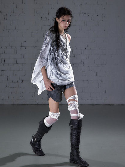 Print Chiffon Swing Collar T-Shirt【s0000016209】