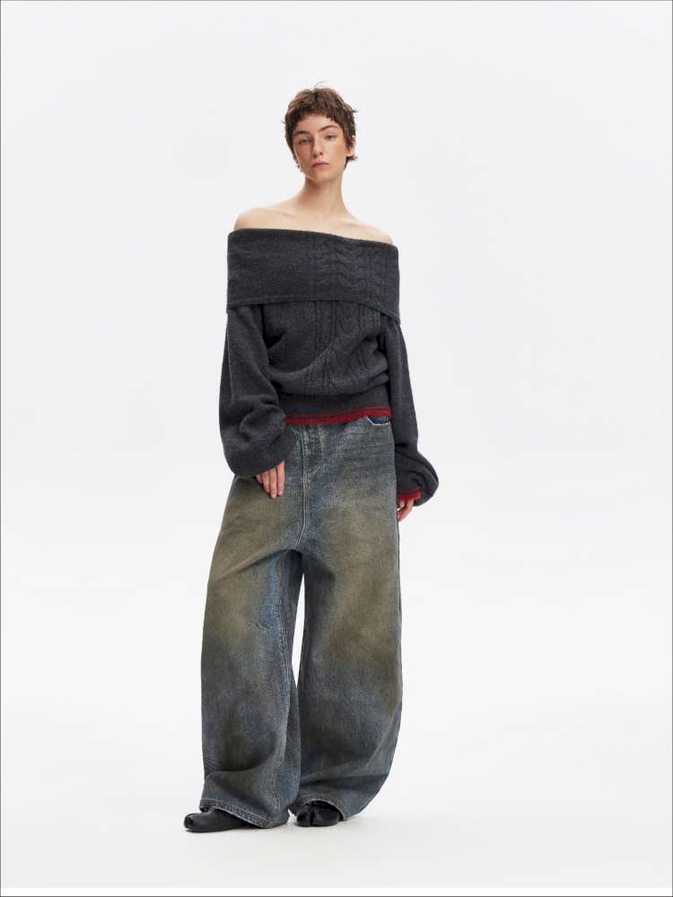 Vintage Yellow Mud Distressed Wide-Leg Jeans【s0000014873】