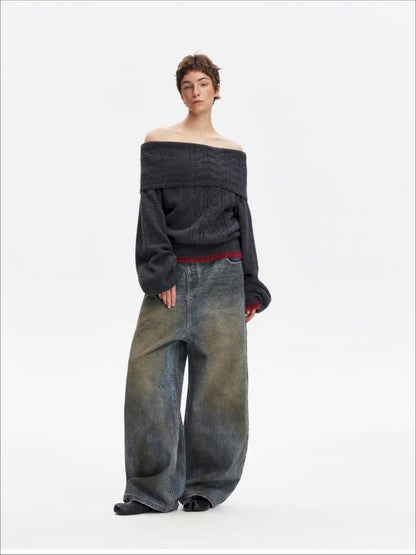 Vintage Yellow Mud Distressed Wide-Leg Jeans【s0000014873】