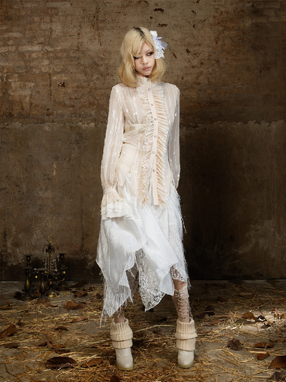 Lace Sequin Patchwork Court Shirt【s0000018382】