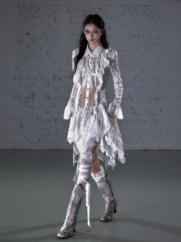 Openwork Lace Irregular Shirt Dress【s0000015941】
