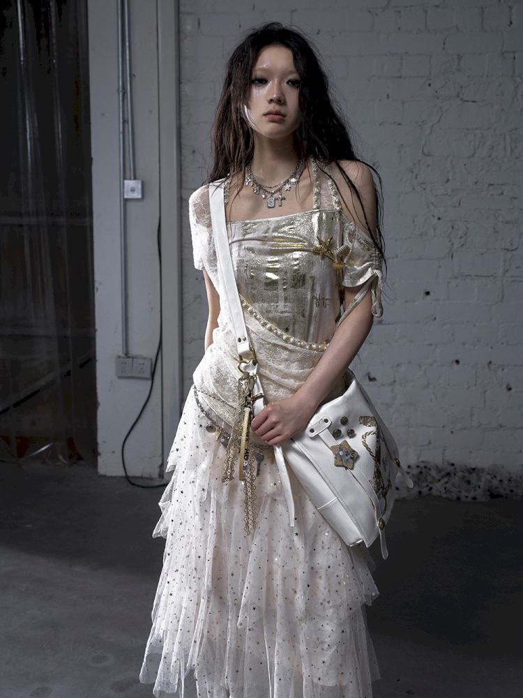 Gold foil print heavy-duty leather shoulder bag【s0000012778】