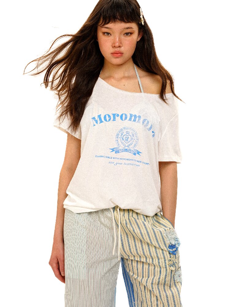 College Emblem Off Shoulder T Shirt【s0000017443】