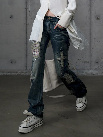 Distressed Straight-Leg Slim-Fit Jeans【s0000013946】