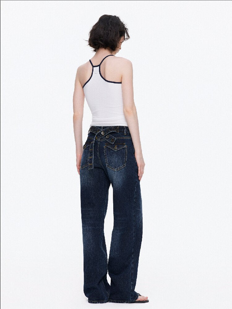 Cotton Lace Up Asymmetrical Jeans【s0000015925】