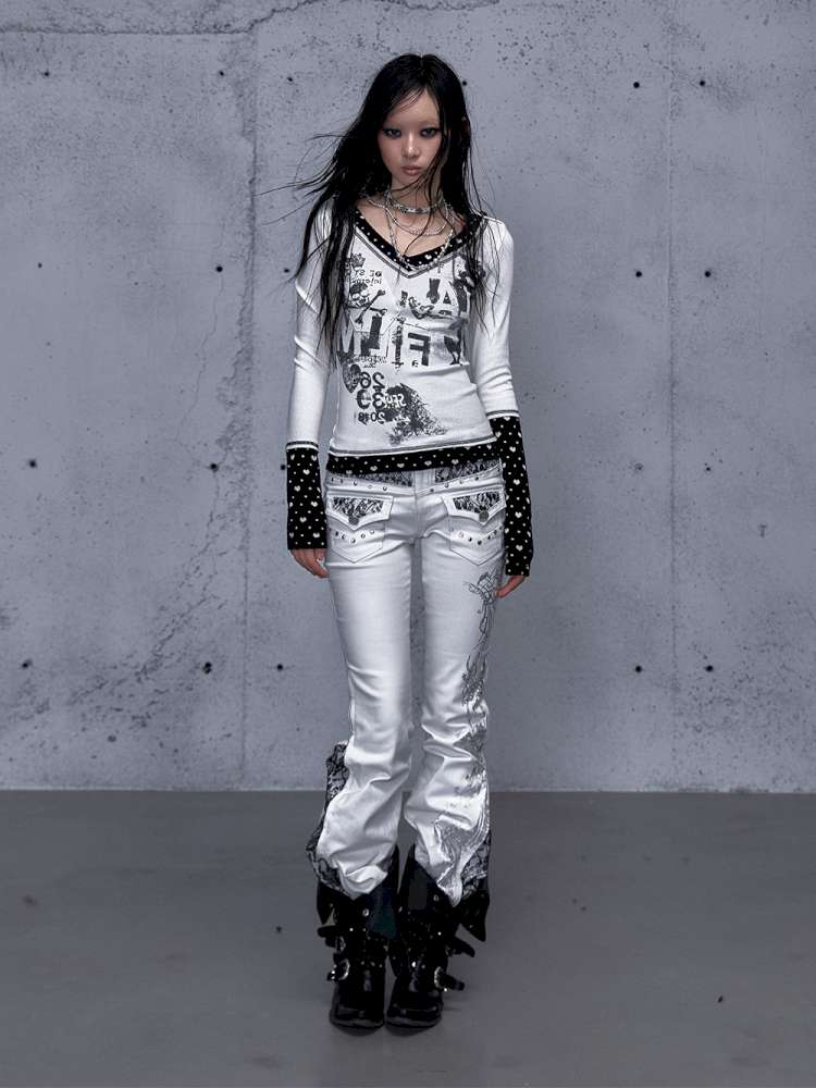 Retro Punk V-Neck Stretch T-Shirt【s0000014928】