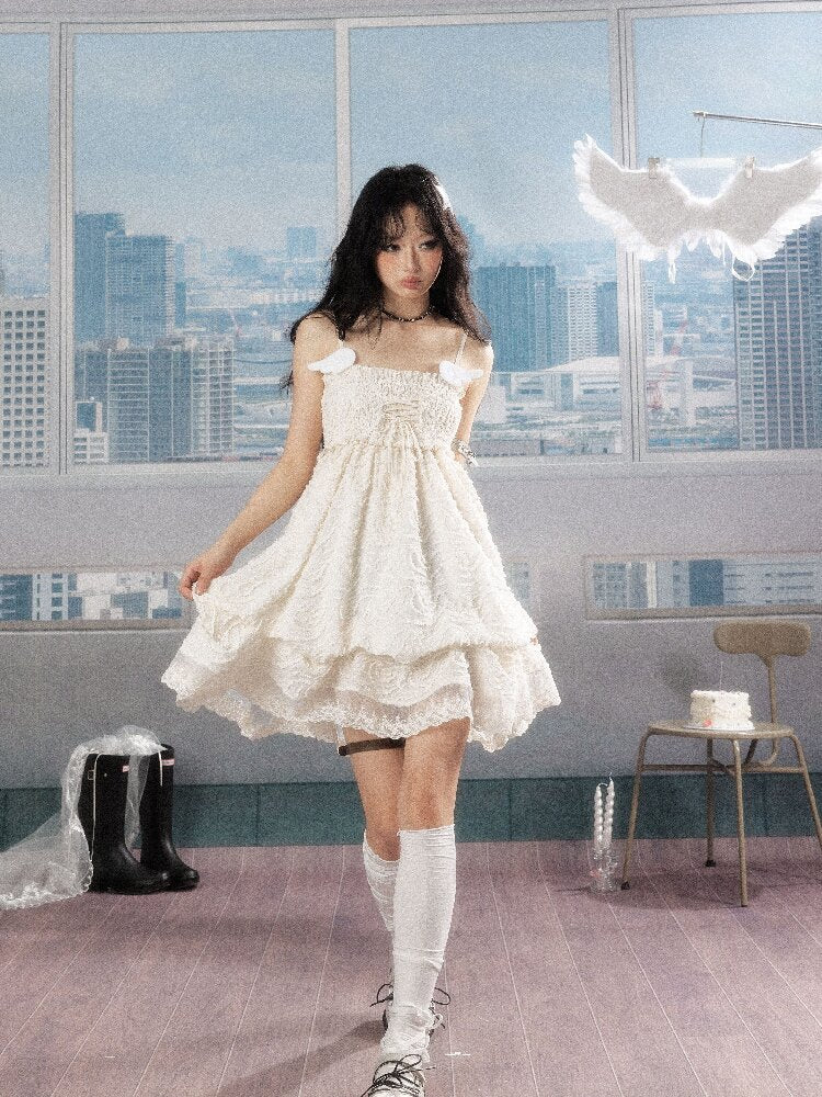 Shirred Lace White Texture Dress【s0000016278】