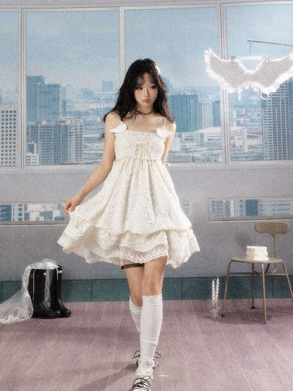 Shirred Lace White Texture Dress【s0000016278】