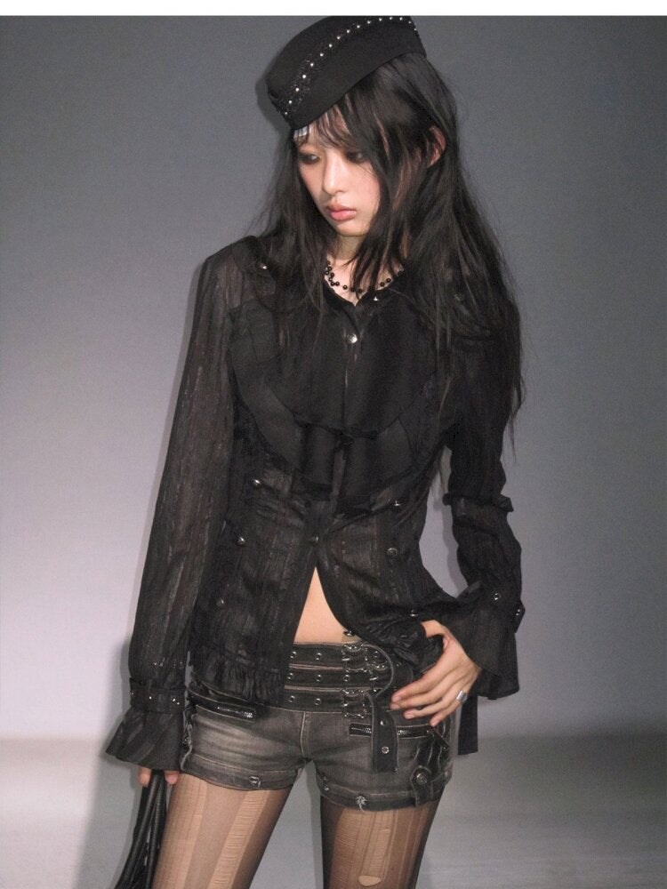 Gothic Pleated Ruffled Slim Shirt【s0000015450】